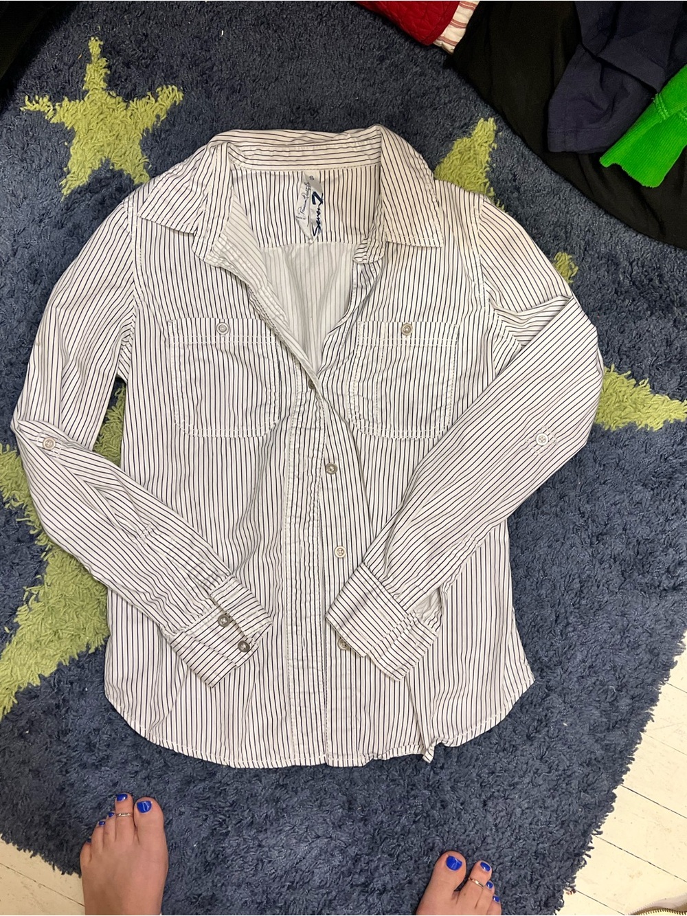 Seven for All Mankind Classic Striped Button-Up Shirt - White with Navy Stripes